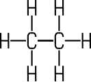 Strukturformel Ethan, 2 C-Atome im Gerüst, umgeben von 5 Wasserstoff-Atomen