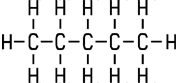 Strukturformel Pentan: 5 Kohlenstoff-Atome im Gerüst, darum herum 12 Wasserstoff-Atome