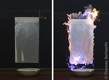 Nach dem Verdampfen des Schwefelkohlenstoffs beginnt der weiße Phosphor zu brennen.