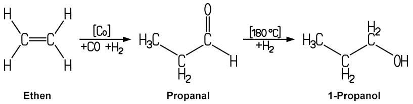 Bei der Oxosynthese lagert sich Kohlenstoffmonoxid und Wasserstoff an Ethen an.